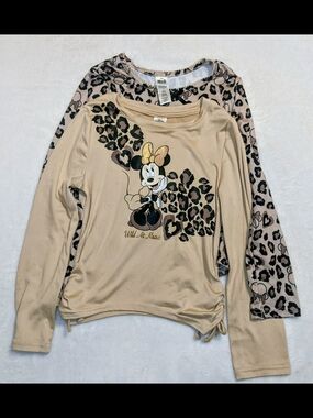Disney Minnie Mouse Girls' Beige Long-Sleeve Top with Leopard Print